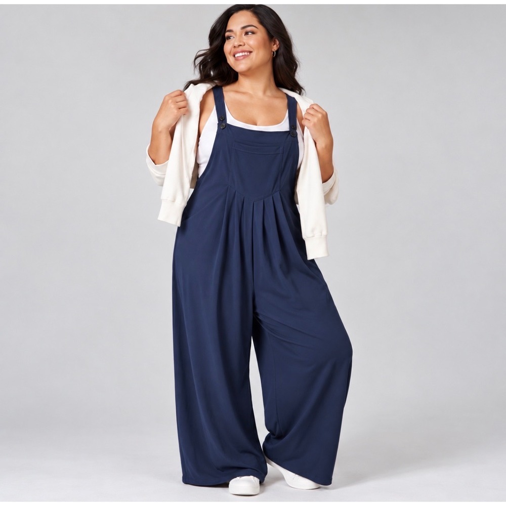 Halara XL Petite Navy Wide Leg Jumpsuit Adjustable Straps Pleated Pockets Casual